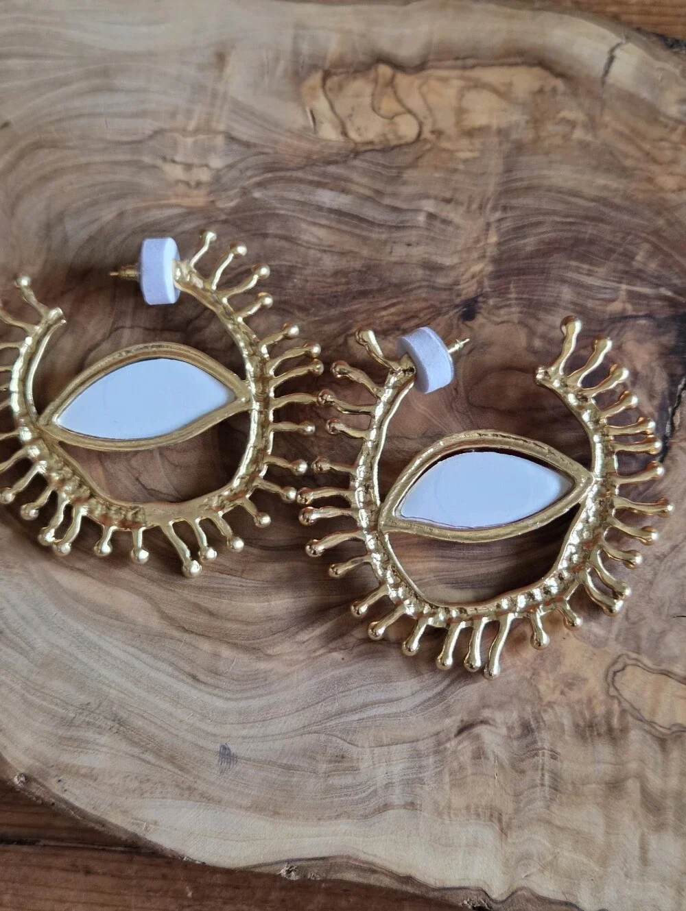 Schiaparelli Style Gaze Eye Crystal Large Chunky Earrings Matte Gold Pierced